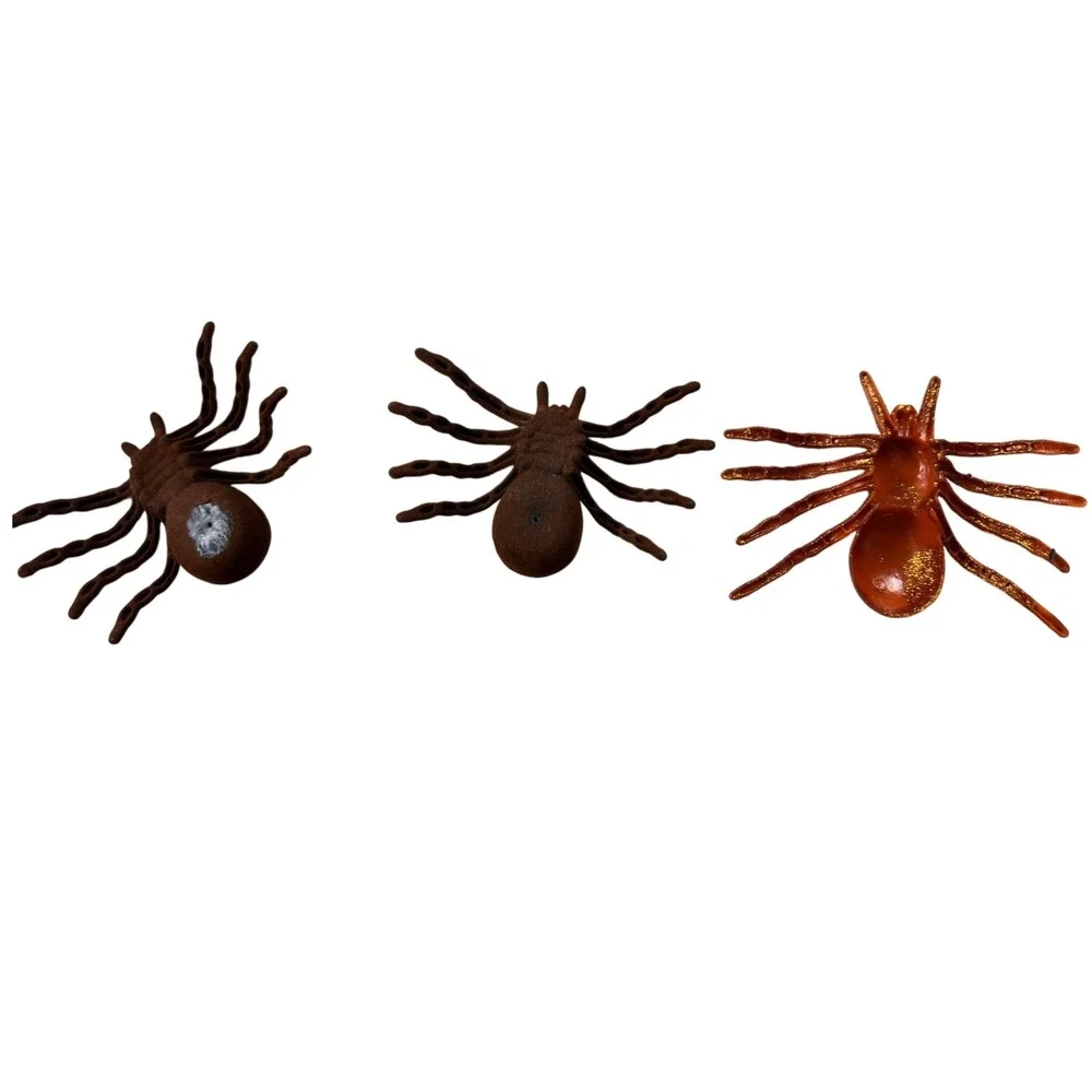 Halloween Spider Decor Set of 3 Brown Flocked Velvet and Orange Glitter Spiders
